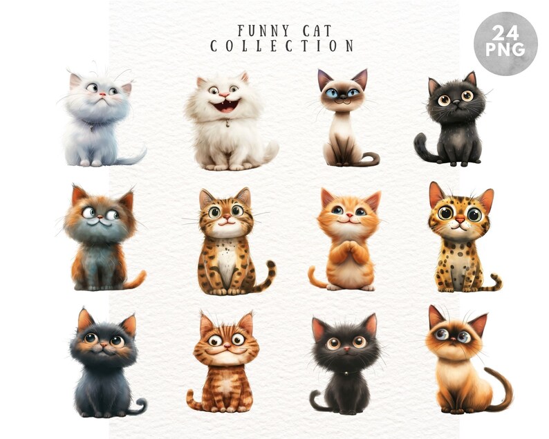 May include: A collection of 12 cartoon cat illustrations in various colors and poses. The cats have expressive faces and are in a watercolor style. The text "FUNNY CAT COLLECTION" is at the top.
