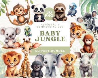 Jungle Nursery, Jungle Watercolor Animal Clipart, Sublimation Png, Baby Shower Clipart, Cute Giraffe, Baby Elephant, Baby Lion, Safari