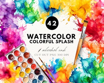 Colorful Watercolor Splash Clipart: Abstract Liquid Ink Textures (PNG)