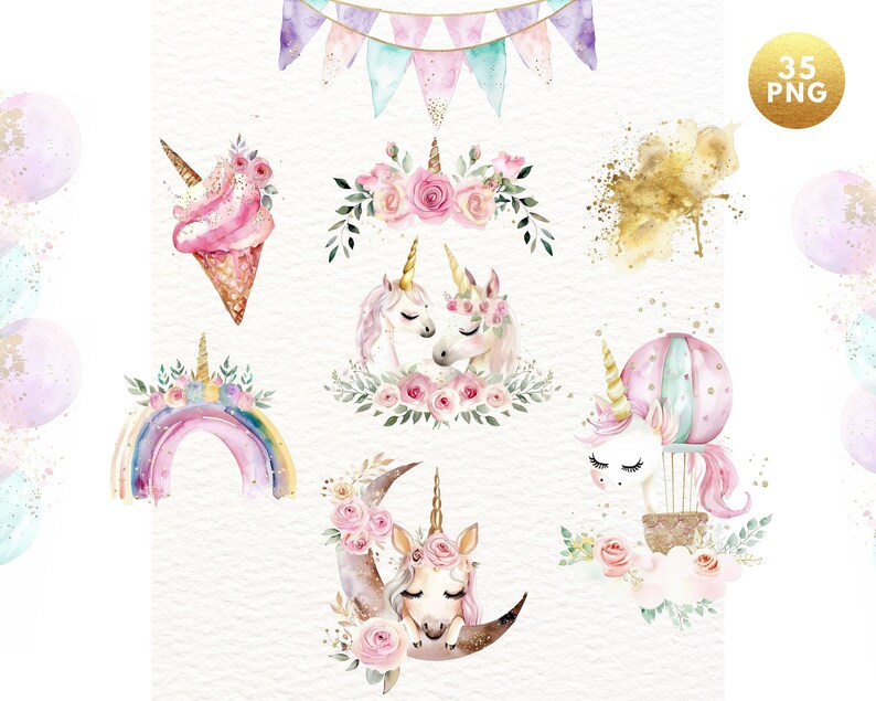 May include: A set of 35 watercolor illustrations featuring unicorns, rainbows, ice cream cones, and other whimsical elements. The illustrations are perfect for adding a touch of magic to your designs.