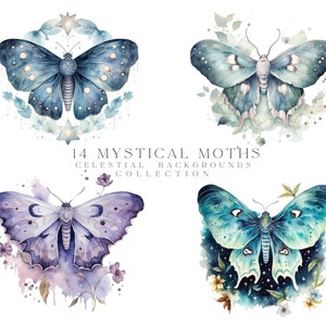 May include: Four watercolor illustrations of mystical moths with celestial backgrounds. Each moth has a unique design with intricate details and a dreamy, ethereal feel. The backgrounds feature stars, flowers, and swirling patterns.