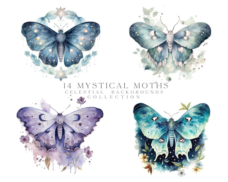 May include: Four watercolor illustrations of mystical moths with celestial backgrounds. Each moth has a unique design with intricate details and a dreamy, ethereal feel. The backgrounds feature stars, flowers, and swirling patterns.
