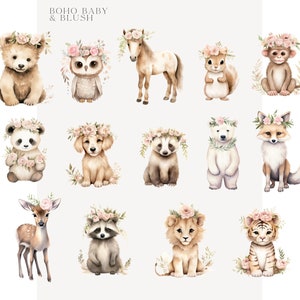 Clipart aquarelle bébé Boho, téléchargement numérique, Clipart animaux de la forêt Boho, Shower de bébé Boho, renard cerf raton laveur écureuil girafe ours Lion image 2