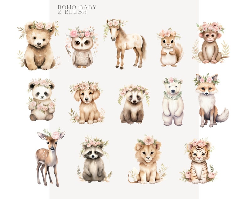 Clipart aquarelle bébé Boho, téléchargement numérique, Clipart animaux de la forêt Boho, Shower de bébé Boho, renard cerf raton laveur écureuil girafe ours Lion image 2