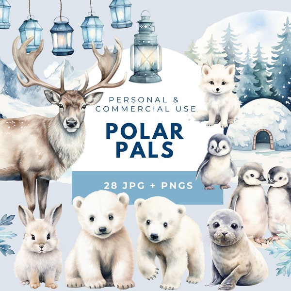 Imágenes prediseñadas de acuarela de animales árticos, imágenes prediseñadas de uso comercial, paquete de imágenes prediseñadas del país de las maravillas de invierno, imágenes prediseñadas de acuarela de invierno, oso polar, pingüino