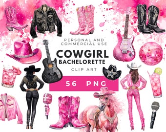 Cowgirl Bachelorette Clipart: Pink and Black Watercolor Western PNG Graphics