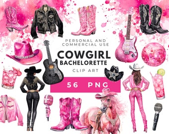 Cowgirl Bachelorette Clipart, Watercolor Cowgirl Boots, Western Png, Let's Go Girls Png, Pink Cowgirl Invitation, Cowgirl Hat, Disco Cowgirl