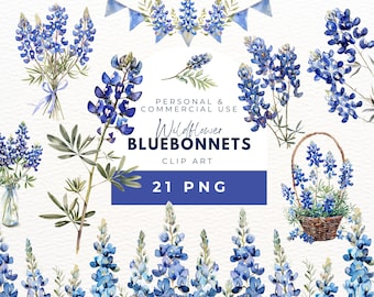 Bluebonnets Clipart, Wildflowers Clipart, Texas Bluebonnets Png, Blue Flower Clipart, Png Printable, Sublimation Design, Watercolor Flowers