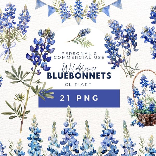 Bluebonnets Clipart, Wildflowers Clipart, Texas Bluebonnets Png, Blue Flower Clipart, Png Printable, Sublimation Design, Watercolor Flowers