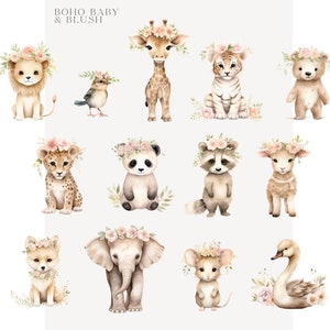 Clipart aquarelle bébé Boho, téléchargement numérique, Clipart animaux de la forêt Boho, Shower de bébé Boho, renard cerf raton laveur écureuil girafe ours Lion image 3