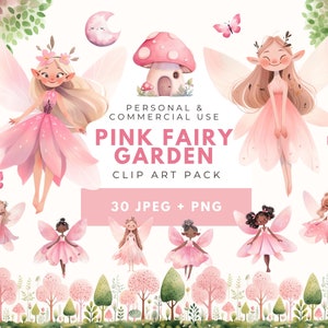 Clipart fée rose, champignon rose, clipart jardin féerique, fée magique, clipart papillon, clipart aquarelle jardin féerique, fée Png