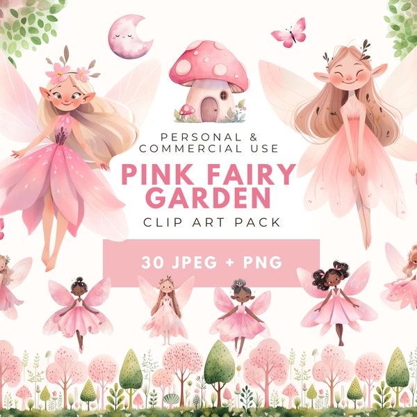 Pink Fairy Clipart, Pink Mushroom, Fairy Garden Clipart, Magical Fairy, Butterfly Clipart, Fairy Garden Watercolor Clipart, Fairy Png