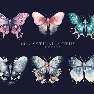 May include: A collection of 14 watercolor illustrations of mystical moths with intricate details and floral accents. The moths are depicted in various shades of blue, pink, and purple, with delicate wings and shimmering patterns. The text "14 MYSTICAL MOTHS COLLECTION" is displayed below the moths.