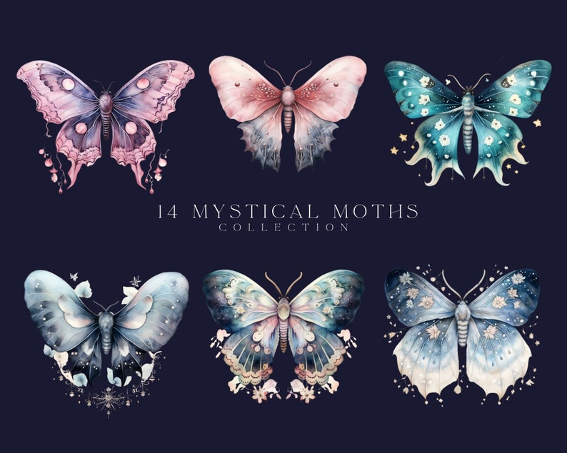 May include: A collection of 14 watercolor illustrations of mystical moths with intricate details and floral accents. The moths are depicted in various shades of blue, pink, and purple, with delicate wings and shimmering patterns. The text "14 MYSTICAL MOTHS COLLECTION" is displayed below the moths.