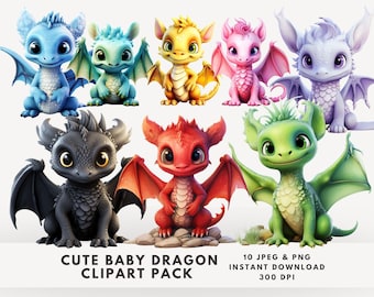 Baby Dragon Clipart: Fantasy PNG Graphics (Digital Dowloads)