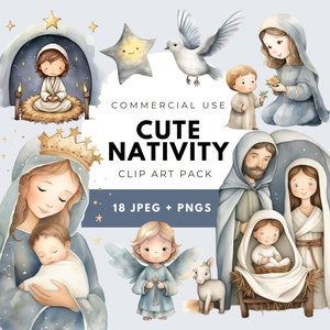 Clipart di Natale carino della natività, Clipart di Gesù bambino, Download digitali, Acquerello della scena della natività, Vergine Maria, Re Magi, PNG trasparente
