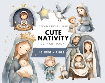 May include: Watercolor illustration of a nativity scene with Mary, Joseph, baby Jesus, and a sheep. The illustration is in a cute cartoon style and features a blue, white, and gold color scheme. The text "COMMERCIAL USE CUTE NATIVITY CLIP ART PACK 18 JPEG + PNGS" is included in the image.