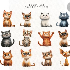 May include: A collection of 12 watercolor illustrations of cartoon cats in various poses. The cats have different fur patterns and colors, including orange, gray, white, and spotted. The text "FUNNY CAT COLLECTION" is at the top.