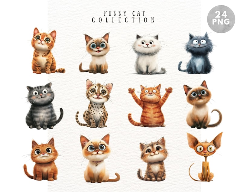 May include: A collection of 12 watercolor illustrations of cartoon cats in various poses. The cats have different fur patterns and colors, including orange, gray, white, and spotted. The text "FUNNY CAT COLLECTION" is at the top.
