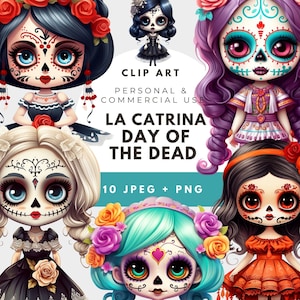 Clipart La Catrina, 10 images clipart, Pngs transparents de haute qualité, Art Dia De Los Muertos, usage commercial, fille mexicaine Design squelette