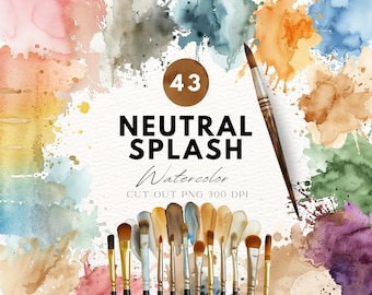 May include: A set of 43 watercolor splatter PNG images in neutral colors. The images are cut out and ready to use in digital design projects. The image shows a variety of brush strokes and splatters in shades of brown, beige, green, blue, and pink.
