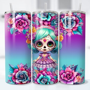 Dia De Los Muertos, papier peint pour verre de 20 oz, Catrina png, verre à sublimation, tête de mort en sucre, papier peint droit, verre Day Of The Dead