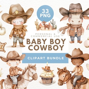 Aquarell Cowboy Baby Clipart, Baby-Dusche Clipart, Kinderzimmer Dekor, Cowboy Party, Pferd Clipart, Wilder Westen Png, Baby Junge, Cowboy-Stiefel-Hut