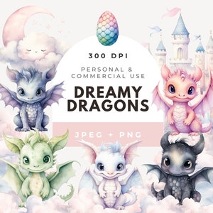 Dragons Watercolor Clipart, Nursery Wall Art, Cute Dragon Png, Baby Shower, Baby Dragon Clipart, Commercial Use, Dragon Egg, Dragon Castle