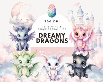 Dragons Aquarelle Clipart, Nursery Wall Art, Mignon Dragon Png, Baby Shower, Baby Dragon Clipart, Utilisation commerciale, Dragon Egg, Dragon Castle