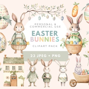 Cute Easter Bunny Clipart, Easter Eggs, Sublimation Clipart Png, Easter Basket, Transparent Background Clipart, Baby Nursery Decor, Bunnies
