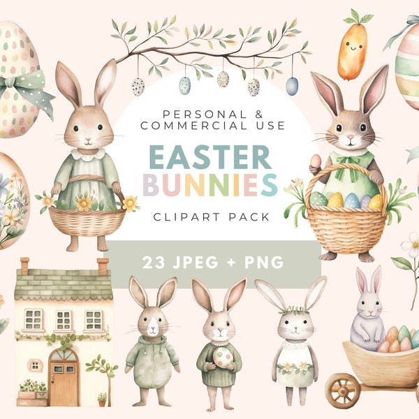 Cute Easter Bunny Clipart, Easter Eggs, Sublimation Clipart Png, Easter Basket, Transparent Background Clipart, Baby Nursery Decor, Bunnies