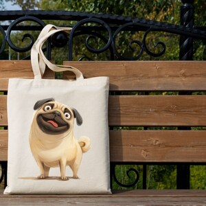 May include: A beige tote bag with a cartoon pug illustration. The pug is brown and white with a happy expression.