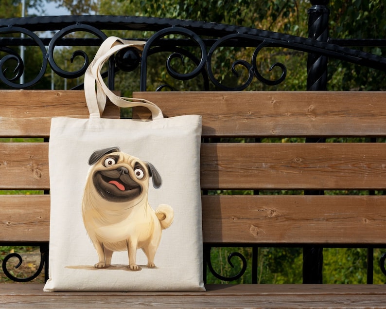 May include: A beige tote bag with a cartoon pug illustration. The pug is brown and white with a happy expression.