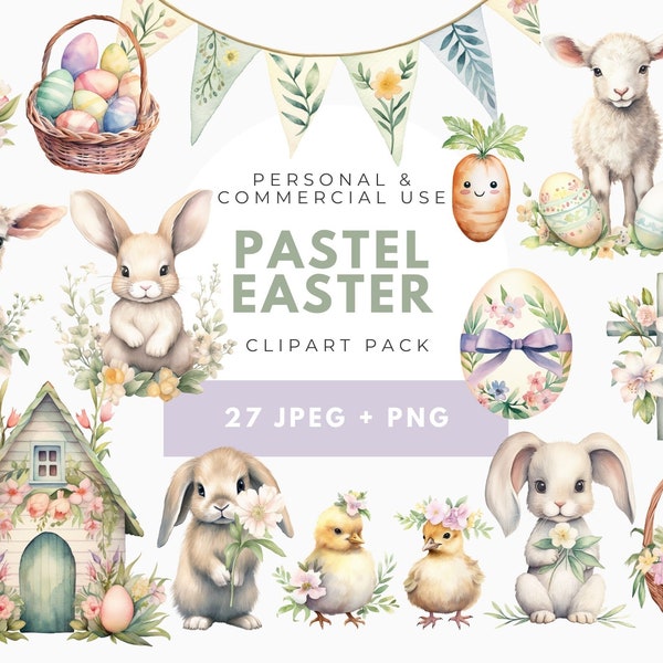 Pastel Easter Clipart, Digital Download, Easter Bunny Watercolor Clipart, Easter Sublimation, Spring Clip Art, Farmhouse Animals, Lamb