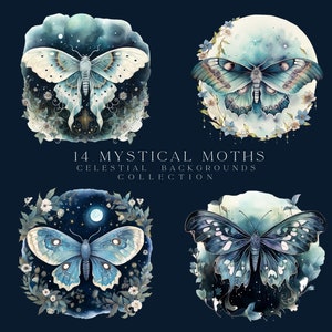 May include: Four watercolor illustrations of blue and white moths with celestial backgrounds. Each moth is surrounded by flowers and stars. The text "14 MYSTICAL MOTHS CELESTIAL BACKGROUNDS COLLECTION" is at the bottom of the image.