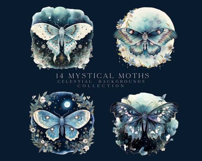 May include: Four watercolor illustrations of blue and white moths with celestial backgrounds. Each moth is surrounded by flowers and stars. The text "14 MYSTICAL MOTHS CELESTIAL BACKGROUNDS COLLECTION" is at the bottom of the image.