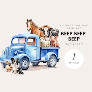Bip bip bip, petit camion bleu, fête d'anniversaire de camion bleu, téléchargement numérique instantané, cadeau de Noël, fête d'animaux de la ferme, usage commercial