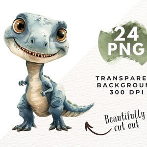 May include: A cute, cartoon-style blue dinosaur with big eyes and a toothy grin. The dinosaur is standing on a white background. 24 PNG. Transparent background. 300 DPI. Beautifully cut out.