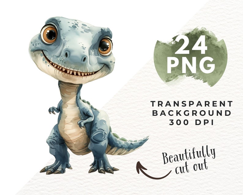 May include: A cute, cartoon-style blue dinosaur with big eyes and a toothy grin. The dinosaur is standing on a white background. 24 PNG. Transparent background. 300 DPI. Beautifully cut out.