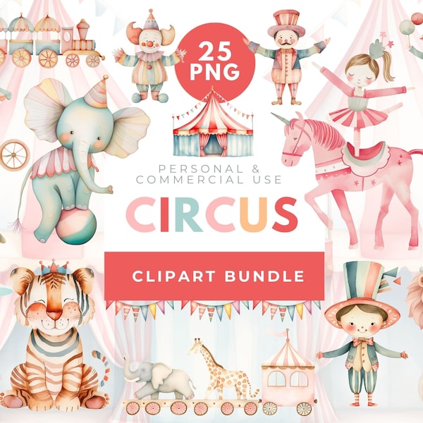 Circus Watercolor Clipart, Circus Party Tent, Digital Download, Nursery Clipart, Circus Pastel Color, Carnival Clipart, Pink Circus Graphics