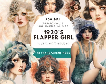 Może przedstawiać: Pakiet cyfrowych grafik clipart zawierający 18 obrazów kobiet ubranych w stylu flapper z lat 20. XX wieku. Obrazy są w stylu vintage, z naciskiem na detale takie jak pióra, koraliki i opaski na głowę. Obrazy są przezroczystymi plikami PNG o rozdzielczości 300 DPI.