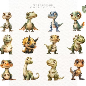 May include: A set of 12 watercolor illustrations of cute cartoon dinosaurs in various poses. The dinosaurs are all different colors and have different features, such as horns, spikes, and frills. The illustrations are perfect for use in children's books, greeting cards, or other creative projects.