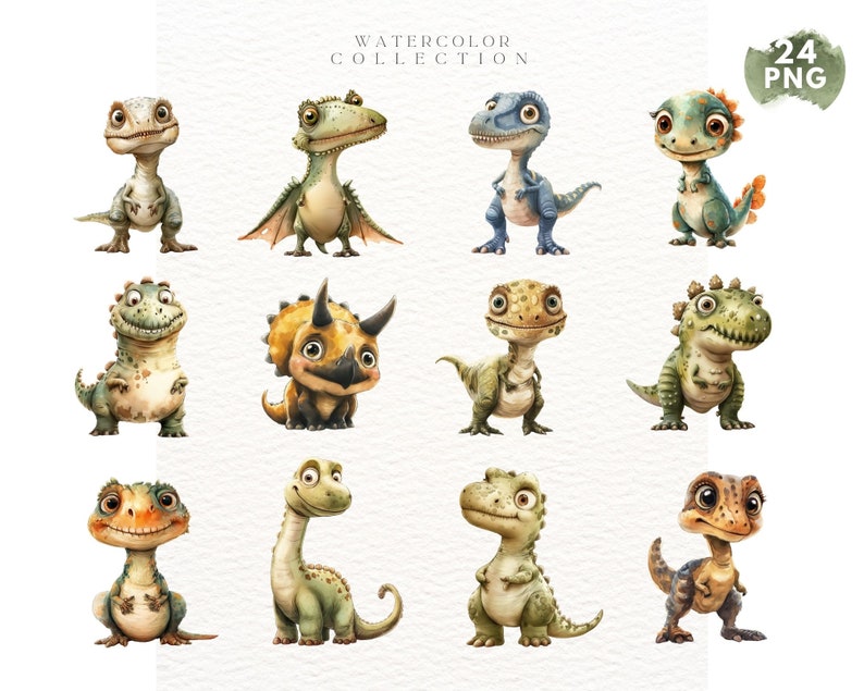 May include: A set of 12 watercolor illustrations of cute cartoon dinosaurs in various poses. The dinosaurs are all different colors and have different features, such as horns, spikes, and frills. The illustrations are perfect for use in children's books, greeting cards, or other creative projects.