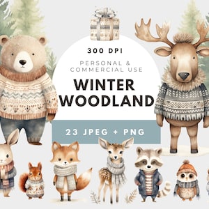 Animais da Floresta, Clipart de Animais da Floresta, Clipart de Inverno, Download Digital, Paisagens de Inverno, Natal na Floresta, Clipart de Natal