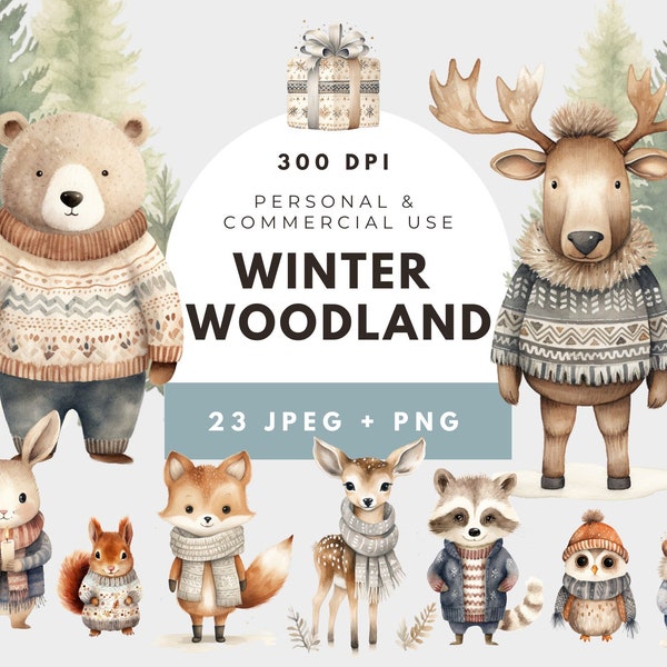 Forest Animals, Woodland Animal Clipart, Winter Clipart, Digital Download, Winter Landscapes, Woodland Christmas, Christmas Clipart