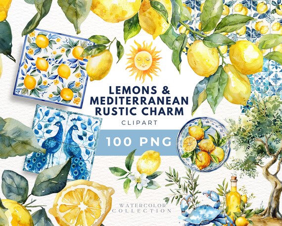 Watercolor Lemon Clipart: Mediterranean Tile Graphics (PNG)