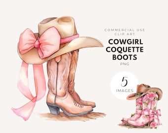 Watercolor Cowgirl Boots Clipart: Cowboy boot. Pink Bow PNG (Digital Download)