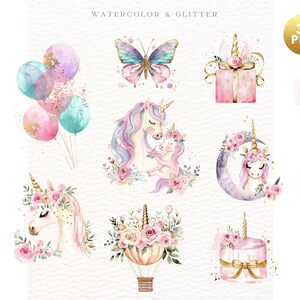 May include: A set of 35 watercolor and glitter unicorn illustrations. The illustrations include unicorns with flowers, a unicorn with a hot air balloon, a unicorn with a moon, a unicorn with a gift box, and a unicorn with balloons.