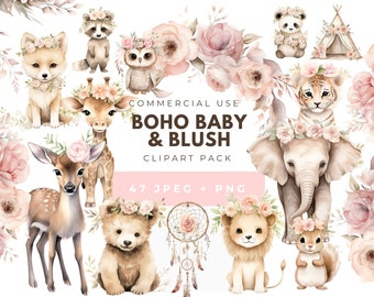 Boho Baby Watercolor Clipart, Digital Download, Boho Woodland Animals Clipart, Boho Baby Shower, Fox Deer Raccoon Squirrel Giraffe Bear Lion