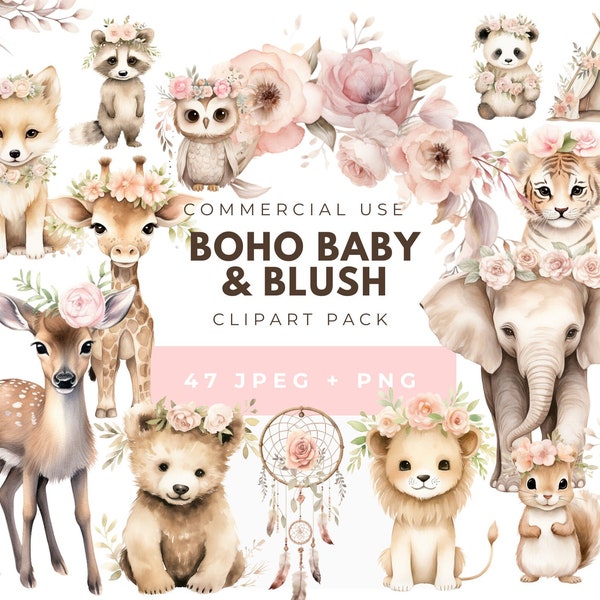 Boho Baby Watercolor Clipart, Digital Download, Boho Woodland Animals Clipart, Boho Baby Shower, Fox Deer Raccoon Squirrel Giraffe Bear Lion